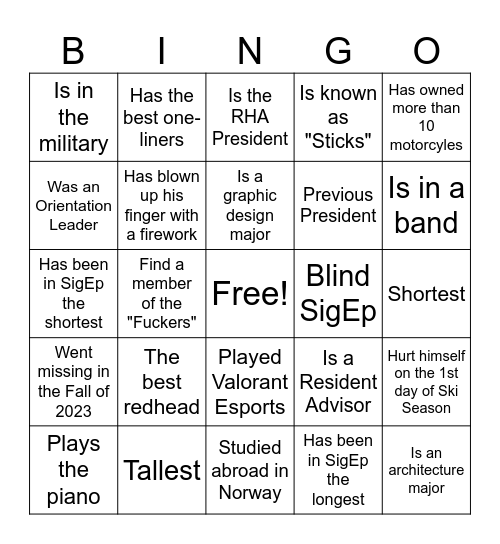 SigEp Brotherhood Bingo Card
