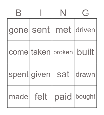 Past Participle Verbs Bingo Card