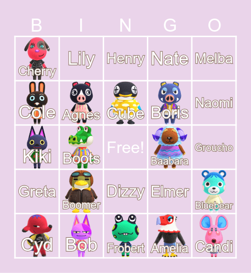 Animal Crossing Villager Hunting Bingo Card