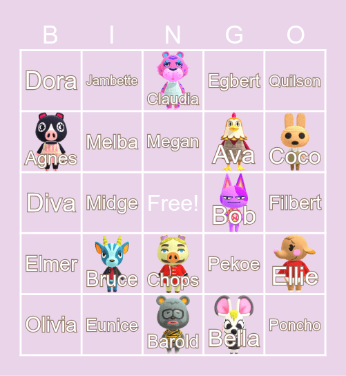 Animal Crossing Villager Hunting Bingo Card