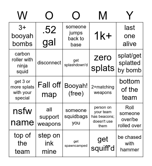 Splatoon drinking game Bingo Card