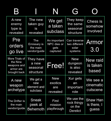 Edge of Fate Bingo Card