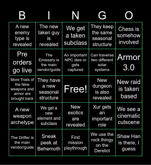 Edge of Fate Bingo Card