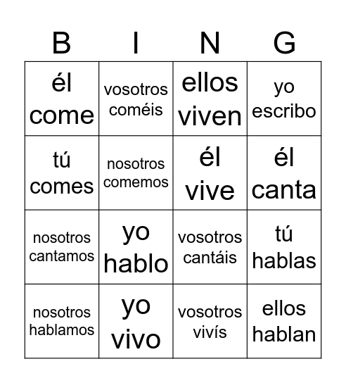 Verbos regulares Bingo Card