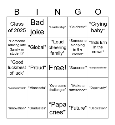 Erin's Graduation Bingo Card