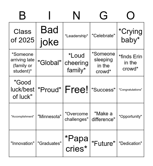 Erin's Graduation Bingo Card