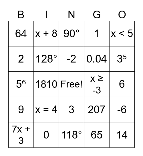 7th Grade Math BINGO Card