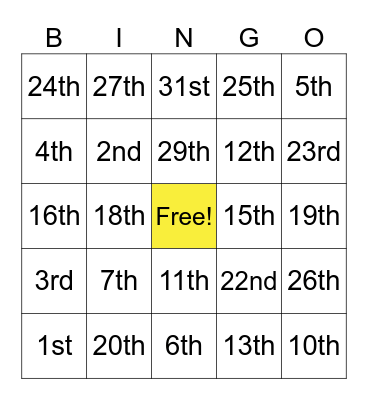 Ordinal Numbers Bingo Card