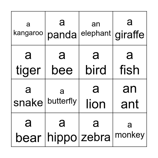 Animals Bingo Card