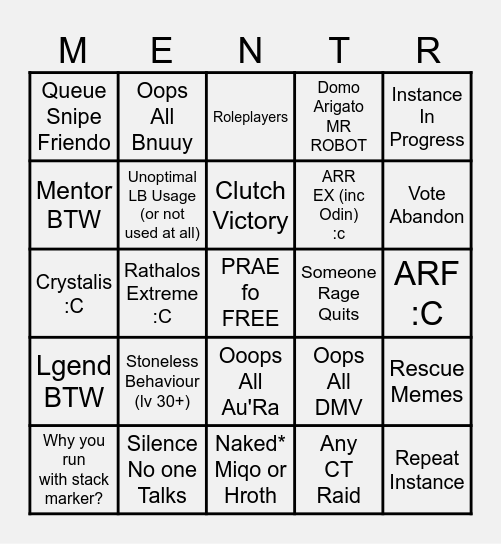 FFXIV Mentor Rouletti Bingo Card