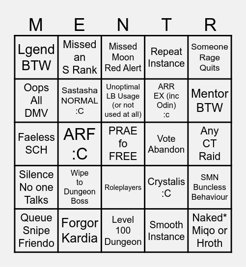 FFXIV Mentor Rouletti Bingo Card