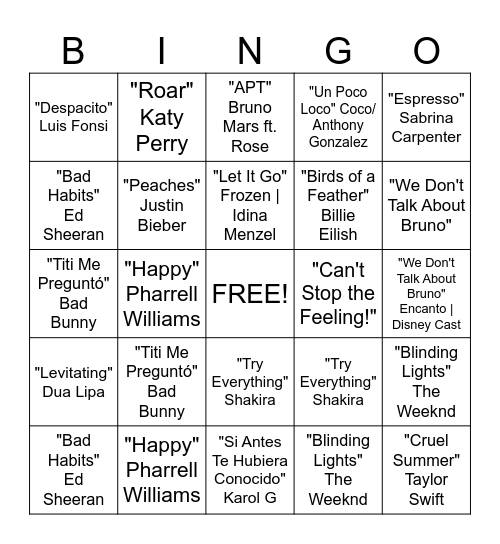 Music Bingo Card