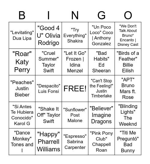 Music Bingo Card