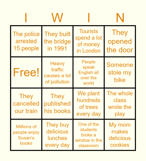 Passive Voice Bingo Card