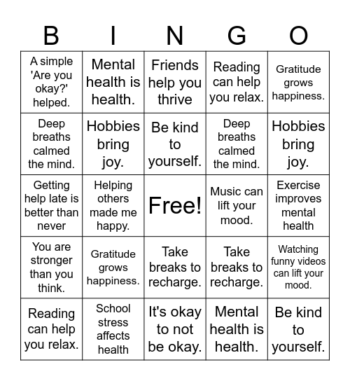 MENTAL HEALTH AWARNESS Bingo Card