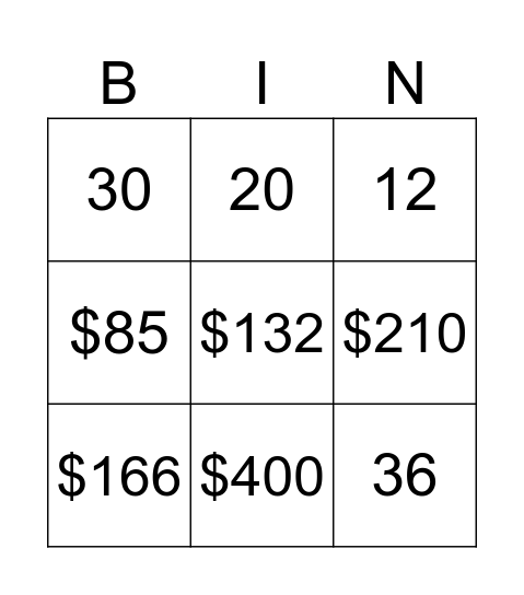 Percentage Increase & Decrease Bingo Card