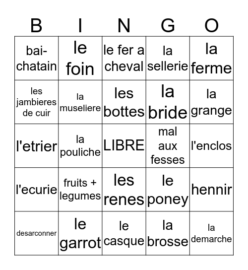 Vocabulaire de Cheval Bingo Card