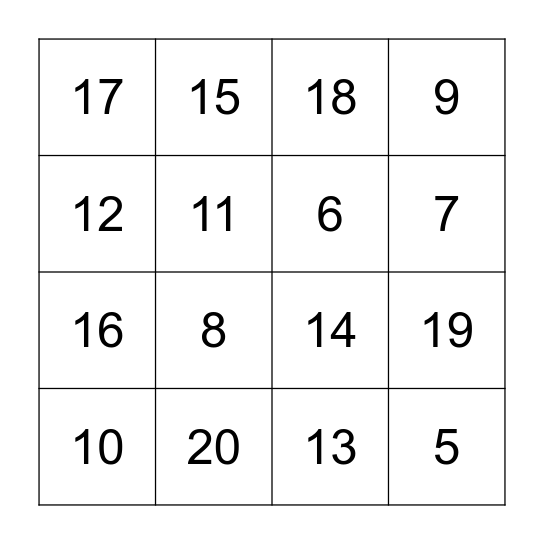 Number Bingo Card
