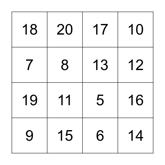 Number Bingo Card