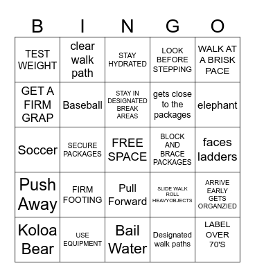 Safety Bingo Card