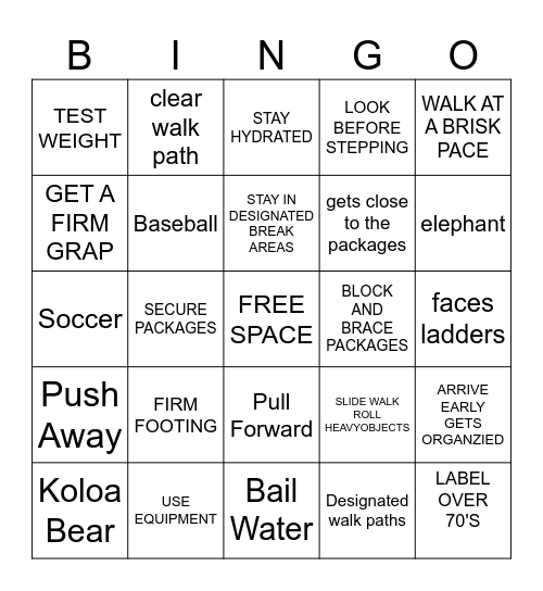 Safety Bingo Card