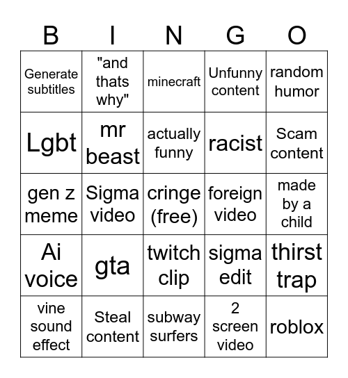 youtube short Bingo Card
