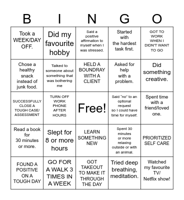 Mental Health Bingo Card