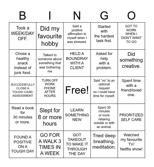 Mental Health Bingo Card