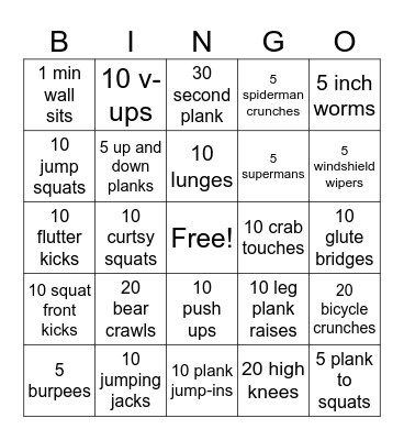 Field Day Fitness Bingo Card