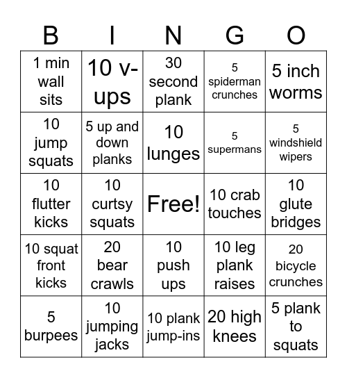 Field Day Fitness Bingo Card