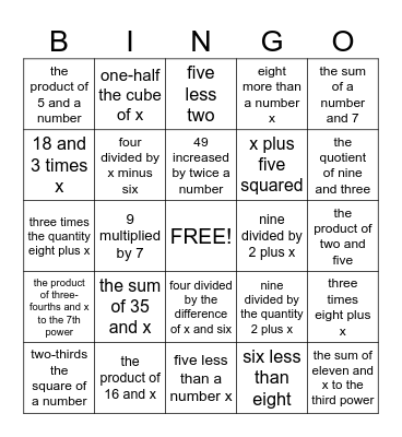 Expressions Bingo Card