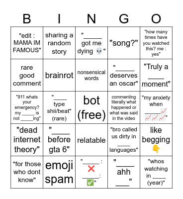 yt shorts comments brah Bingo Card