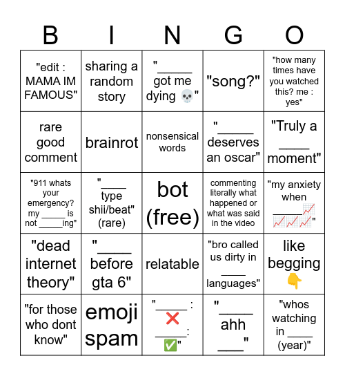 yt shorts comments brah Bingo Card