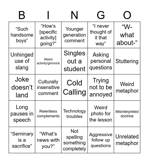 Seminary Bingo Card