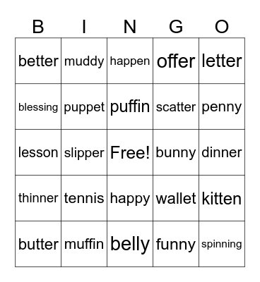 Twin Consonant Syllables Bingo Card
