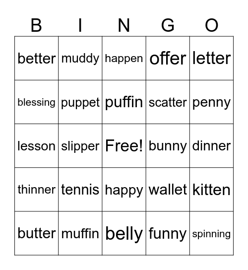 Twin Consonant Syllables Bingo Card