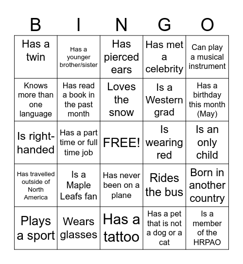 New Student Bingo Card