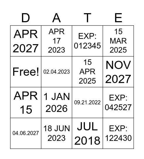 Check the Date! Bingo Card
