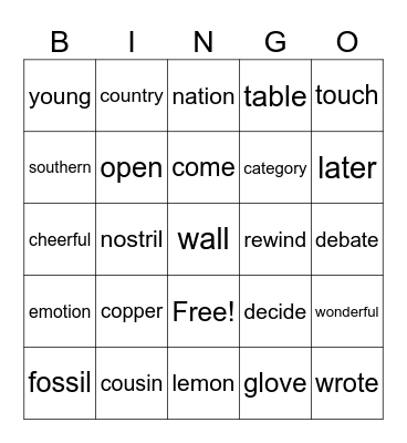 Word Bingo Card