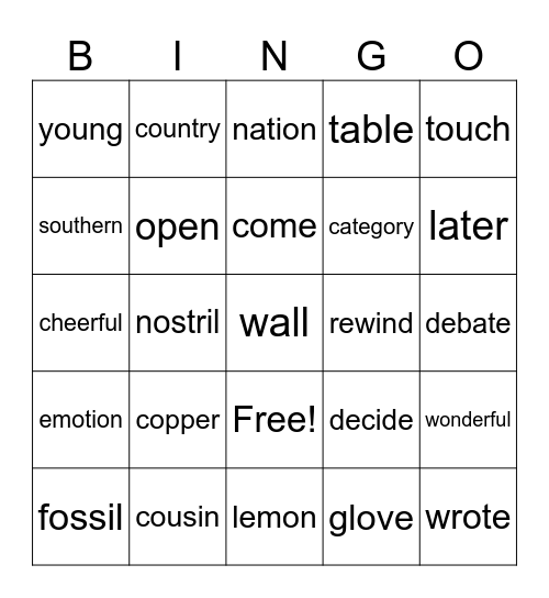 Word Bingo Card