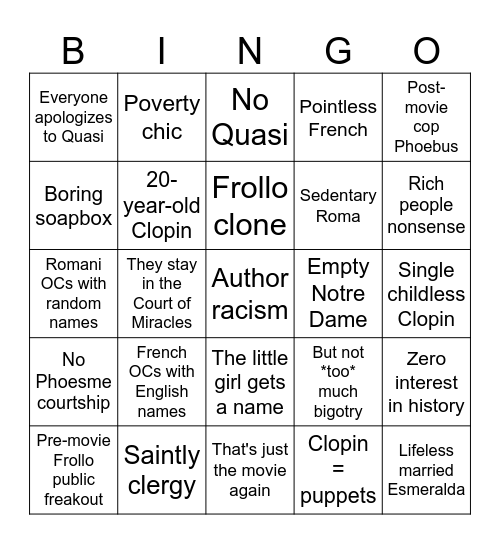 The Hunchback of Notre Dame fanfiction pet peeves Bingo Card