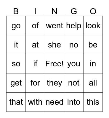 Sight Words Bingo Card