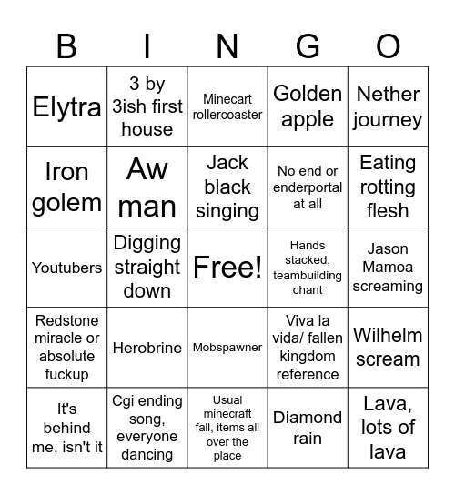 Minecraft movie Bingo Card