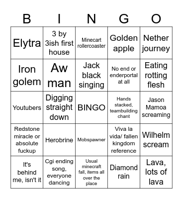 Minecraft movie Bingo Card