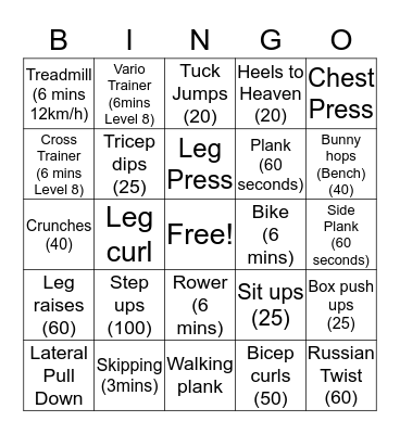 Fitness Bingo Card