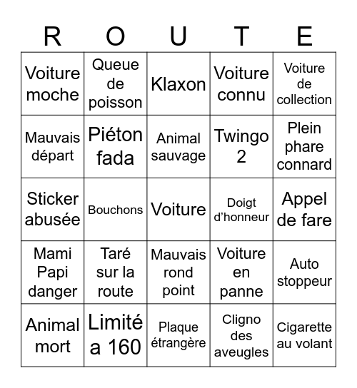 ROUTE Bingo Card