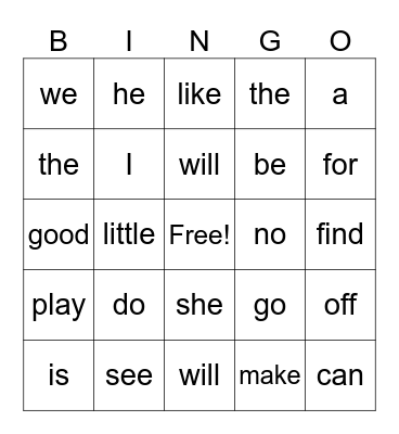 K sight words Bingo Card
