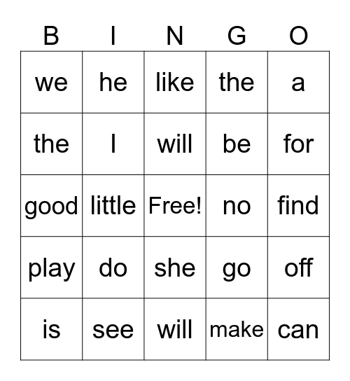 K sight words Bingo Card