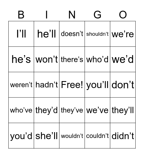 Contractions BINGO Card