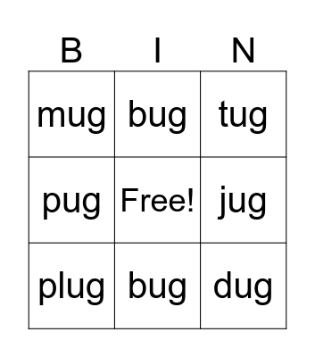 "ug' word family Bingo Card